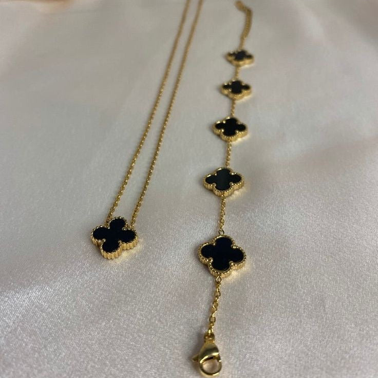 Hiç Çıkarma Yonca Bileklik Kolye Set Siyah