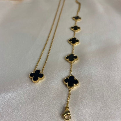 Hiç Çıkarma Yonca Bileklik Kolye Set Siyah