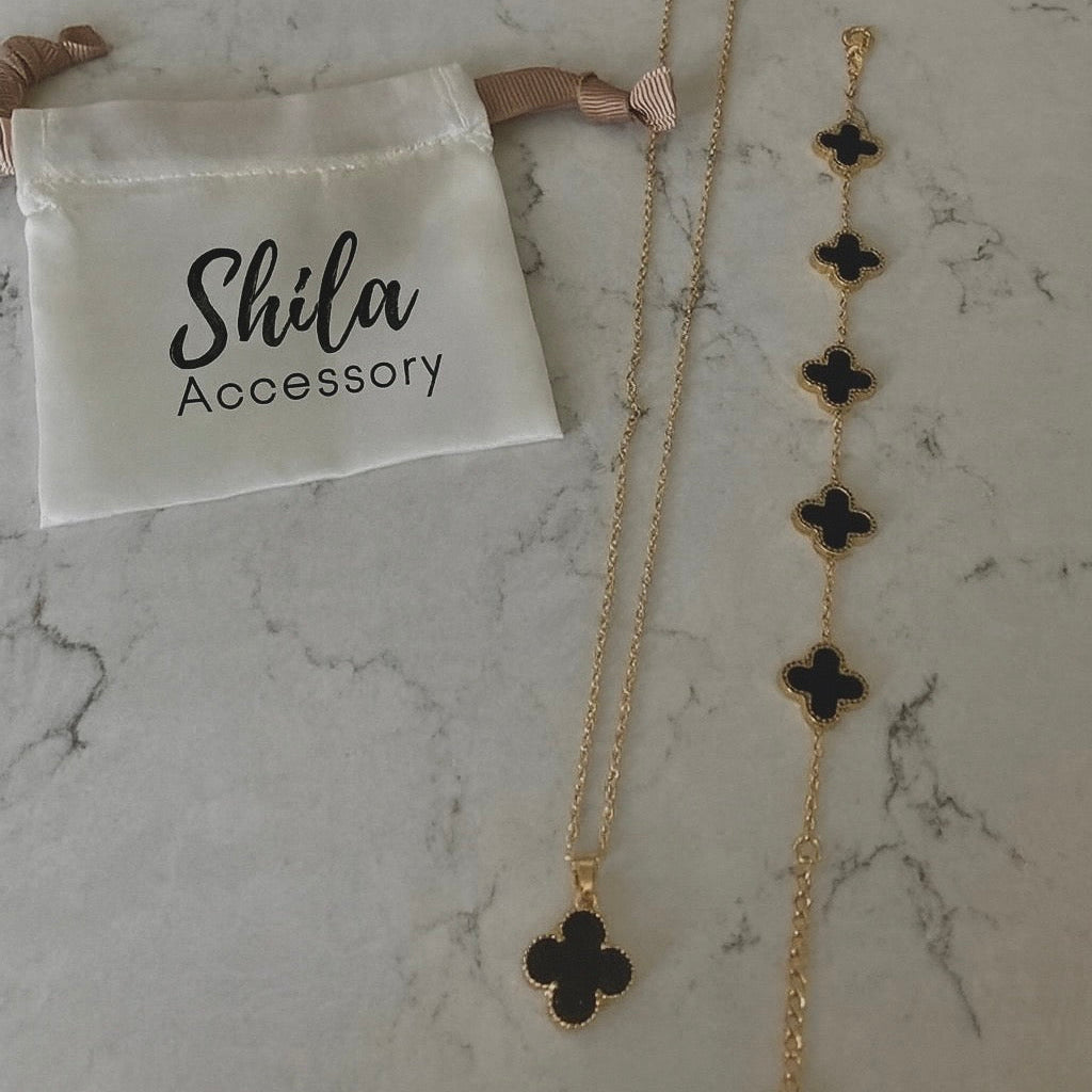 Hiç Çıkarma Yonca Bileklik Kolye Set Siyah