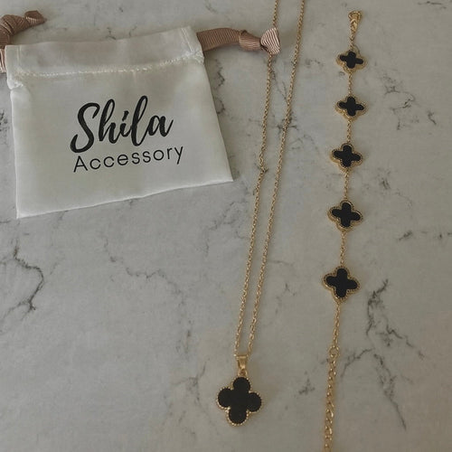 Hiç Çıkarma Yonca Bileklik Kolye Set Siyah