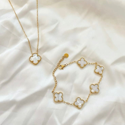 Hiç Çıkarma Yonca Bileklik Kolye Set Beyaz